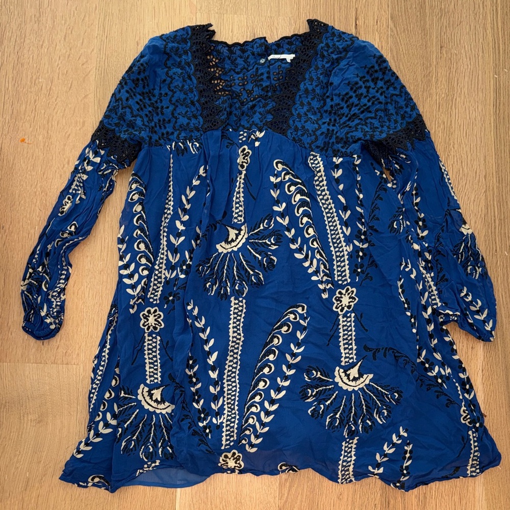 Anthropologie Floreat Elegant Blue Black womens button back lace Dress size 12
